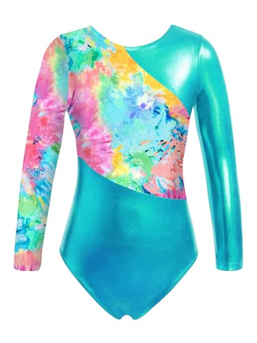 Agoky Turnanzug für Mädchen Sport Body mit Regenbogen Streifen Gymnastikanzug Tanz Trikot Leotards Bunt Tie-Dye F 146-152 von Agoky