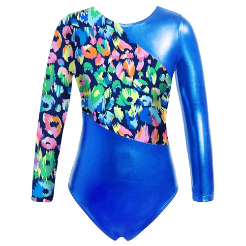 Agoky Turnanzug für Mädchen Sport Body mit Regenbogen Streifen Gymnastikanzug Tanz Trikot Leotards Royal Blau F 110-116 von Agoky