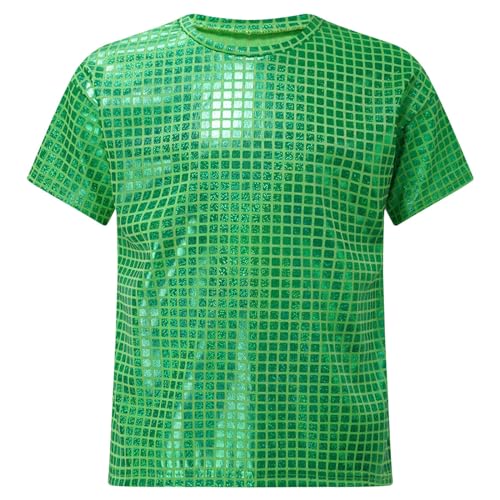 Agoky Unisex Glänzend T-Shirt Kinder Sommer Kurzarm Rundhals Shirts mit Glitzer Gefüttert Unterhemd Regular Fit Oberteil Party Geburtstag Outfits Grün 146-152 von Agoky