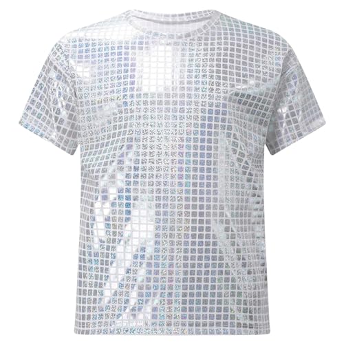 Agoky Unisex Glänzend T-Shirt Kinder Sommer Kurzarm Rundhals Shirts mit Glitzer Gefüttert Unterhemd Regular Fit Oberteil Party Geburtstag Outfits Silber 134-140 von Agoky