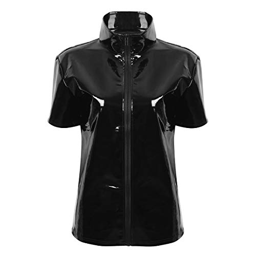 Agoky Unisex Lack Leder Top Kurzarm T Shirt Stehkragen Hemd mit Reisverschluss Sexy Metallic Oberteile Clubwear Schwarz L von Agoky