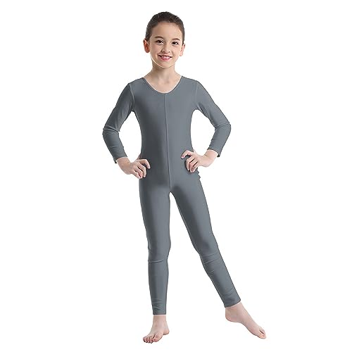 Agoky Unisex Mädchen Jungen Basic Ganzkörperanzug Einteiler Schlafanzug Jumpsuit Kostüm Ballettanzug Overall Langarm Body Grau 122-128 von Agoky