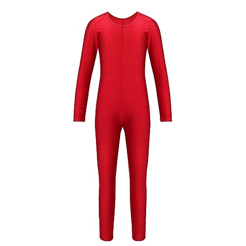 Agoky Unisex Mädchen Jungen Basic Ganzkörperanzug Einteiler Schlafanzug Jumpsuit Kostüm Ballettanzug Overall Langarm Body Rot 122-128 von Agoky