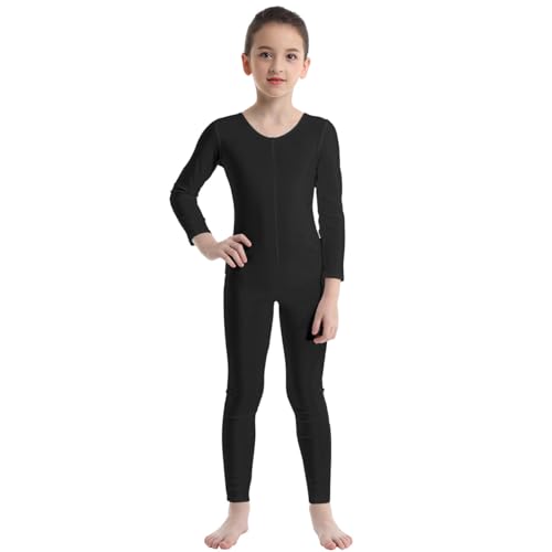 Agoky Unisex Mädchen Jungen Basic Ganzkörperanzug Einteiler Schlafanzug Jumpsuit Kostüm Ballettanzug Overall Langarm Body Schwarz 140-152 von Agoky