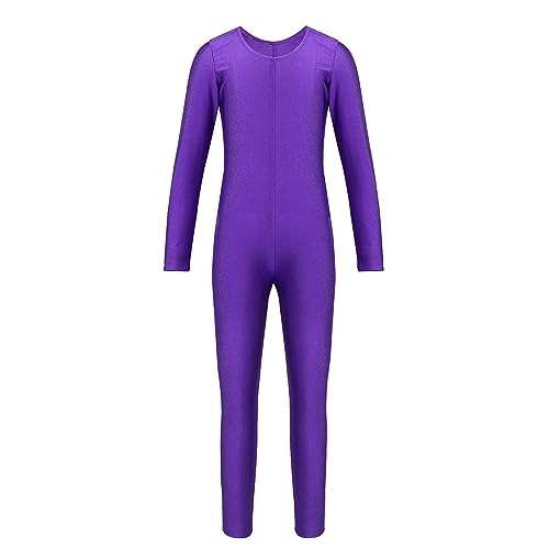 Agoky Unisex Mädchen Jungen Basic Ganzkörperanzug Einteiler Schlafanzug Jumpsuit Kostüm Ballettanzug Overall Langarm Body Violett 158-164 von Agoky