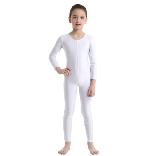 Agoky Unisex Mädchen Jungen Basic Ganzkörperanzug Einteiler Schlafanzug Jumpsuit Kostüm Ballettanzug Overall Langarm Body Weiß 110-116 von Agoky