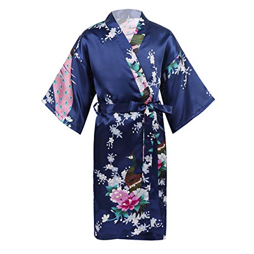 Agoky Unisex Mädchen Jungen Japanischer Kimono Robe Blumen Print Saunamantel Satin Nachtwäsche Kurz Mini Wickelkleid mit Gürtel Navy Blau 7-9 Jahre von Agoky