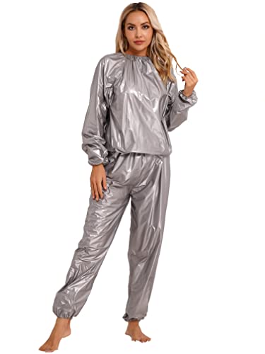 Agoky Unisex Metallic Trainingsanzug Herren Damen Loose Fit Sportanzug Jogger Jogginganzug Lack Leder Shirt und Hose Sport Kleidung Set Clubwear Grau 4XL von Agoky