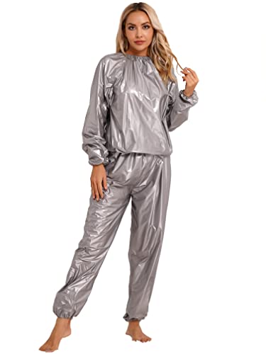 Agoky Unisex Metallic Trainingsanzug Herren Damen Loose Fit Sportanzug Jogger Jogginganzug Lack Leder Shirt und Hose Sport Kleidung Set Clubwear Grau XXL von Agoky