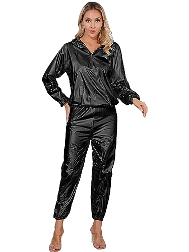 Agoky Unisex Metallic Trainingsanzug Herren Damen Loose Fit Sportanzug Jogger Jogginganzug Lack Leder Shirt und Hose Sport Kleidung Set Clubwear Schwarz Hooded XXL Agoky Unisex Metallic Trainingsanzug Herren Damen Loose Fit Sportanzug Jogger Jogginganzug Lack Leder Shirt und Hose Sport Kleidung Set Clubwear Schwarz Hooded XXL von Agoky