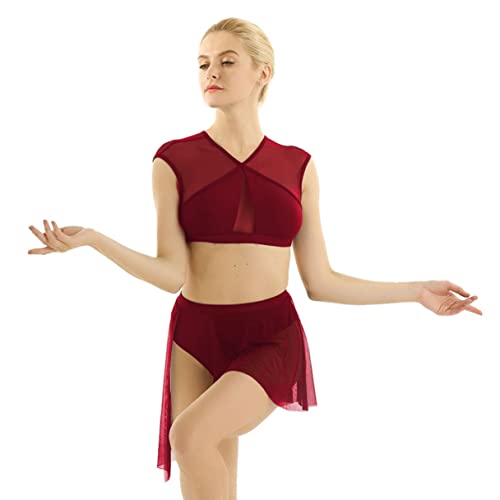 Agoky Zweiteiler Damen Erwachsene Ballettkleid Tanzkleid Modern Lyrischen Kleid Latin Dance Kostüm Outfits Ärmellos Crop Tops Kreuz Rücken Asymmetrischer Rock Weinrot M von Agoky