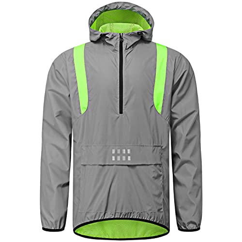 Agolu 360 Reflektierende Fahrradjacke Herren Damen mit Kapuze Unisex Full Reflective Fahrrad Jacke Wasserdicht Atmungsaktiv Radlerjacke Voll Reflektierende Regenjacke Lau(Size:L,Color:Silber) von Agolu