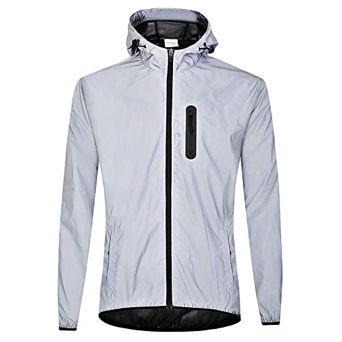 Agolu Reflektierend Fahrradjacke mit Kapuze, Wasserdicht Atmungsaktiv Damen Herren Unisex Winddicht Radjacke Fahrrad Regenjacke Windjacke, Jacke für Radfahren Laufen Wandern, Silber L von Agolu