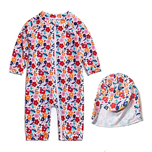 Agreeone Kleinkind Mädchen Sonnenanzug Neugeborene Badeanzug UPF 50+ Sonnenschutz EIN Stück Rashguard mit Langem Reißverschluss (6-9 Monate Blumen) von Agreeone