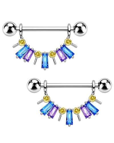 Agrewd 2 Stück 14G Nippelpiercing Farbiger Blau CZ Hängend Nippel Piercing Schmuck 316l Chirurgenstahl Brustwarzenpiercing für Frauen 14mm von Agrewd