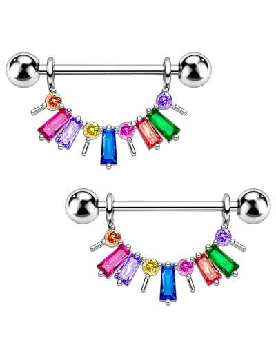Agrewd 2 Stück 14G Nippelpiercing Farbiger Rosa CZ Hängend Nippel Piercing Schmuck 316l Chirurgenstahl Brustwarzenpiercing für Frauen 14mm von Agrewd