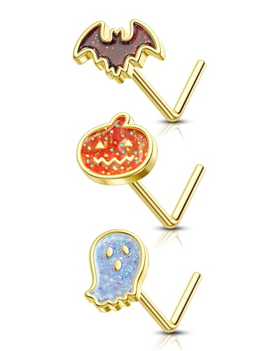 Agrewd Nasenstecker Halloween L-Form Nasenring 3PCS Nasenpiercing Studs 316L Edelstahl Nasenpiercing Schmuck 20G 6mm Gold Nostril Ringe für Damen Herren von Agrewd