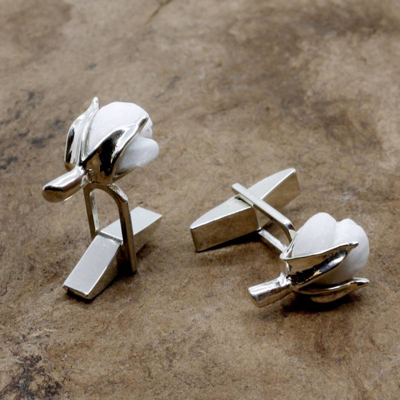 Hand Geschnitzte Quarz Cotton Boll Manschettenknöpfe, Sterling Silber von Agrijewelry