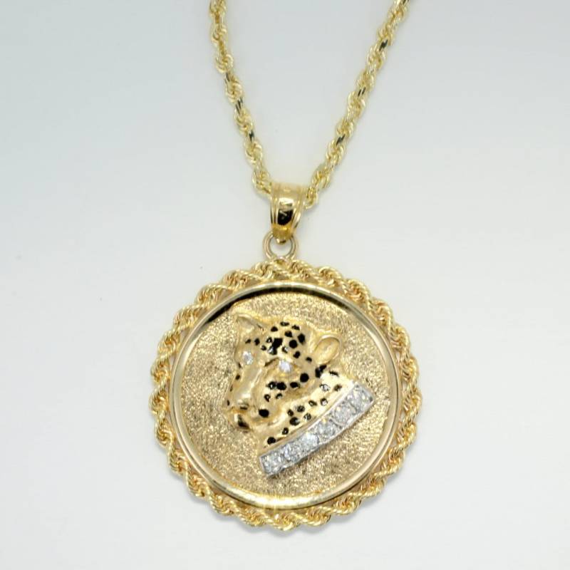 14Kt Gold Jaguar Medaillon Halskette Diamant Collier, Seil Kette 14Kt Gold Jaguar Medaillon Halskette Diamant Collier, Seil Kette von Agrijewelry
