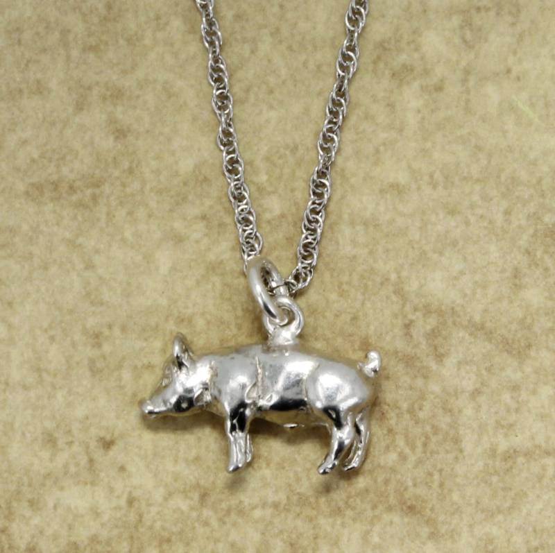 sterling Silber Schwein Halskette Hand Geschnitzte Tier Anhänger, 18 "Kette von Agrijewelry