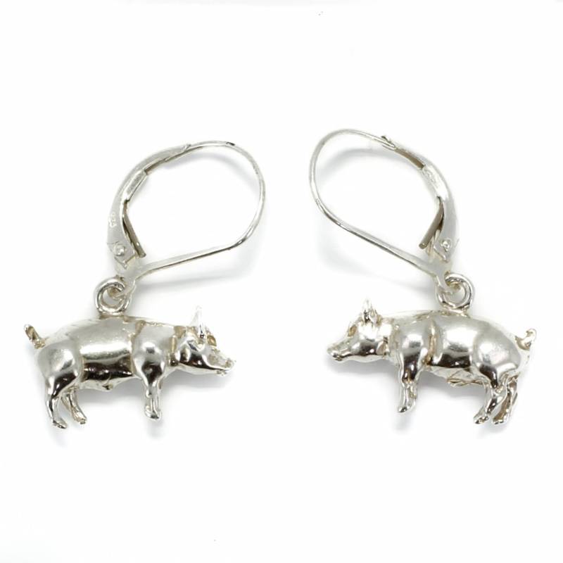 sterling Silber Schwein Ohrringe Handgeschnitzter 3D Anhänger von Agrijewelry