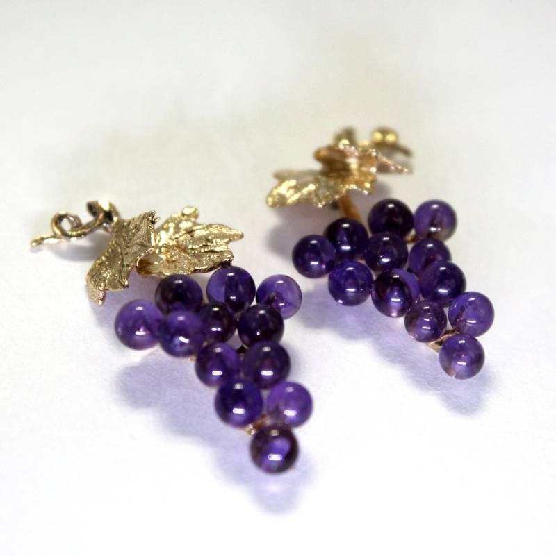 Amethyst-Traubenohrringe 14Kt Blattgold, Februar Geburtsstein von Agrijewelry