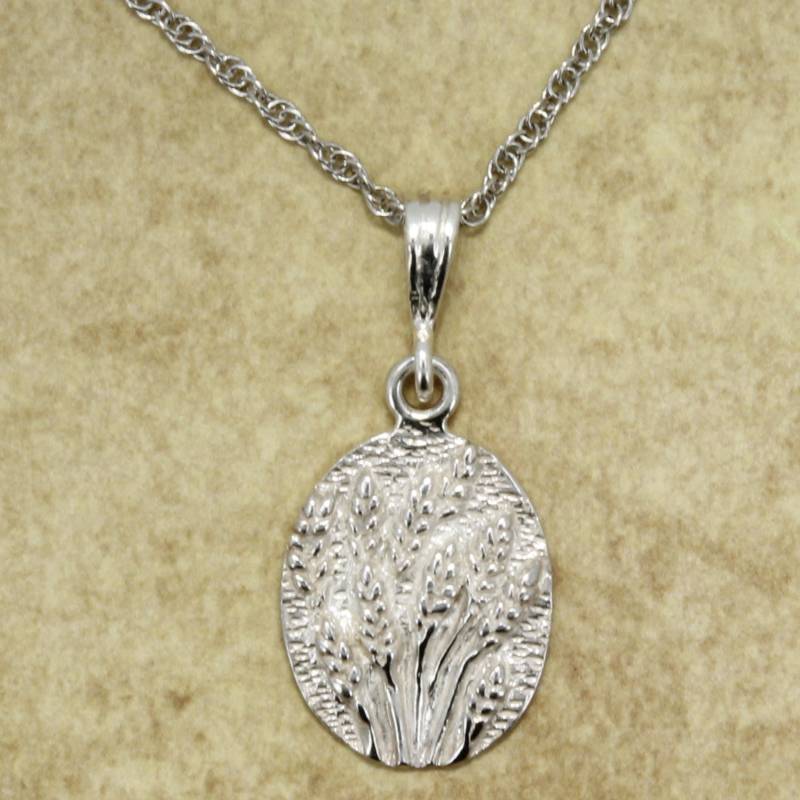 sterling Silber Weizenfeld Halskette Hand Geschnitzter Ovaler Anhänger von Agrijewelry