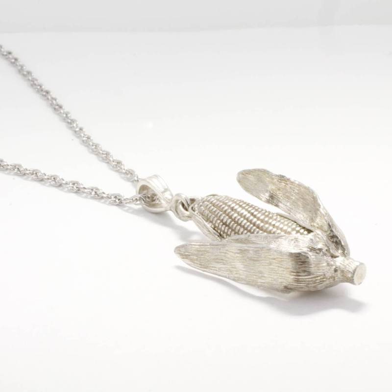 sterling Silber Mais Halskette Hand Geschnitzter Maiskolben Anhänger, 18 "Kette von Agrijewelry