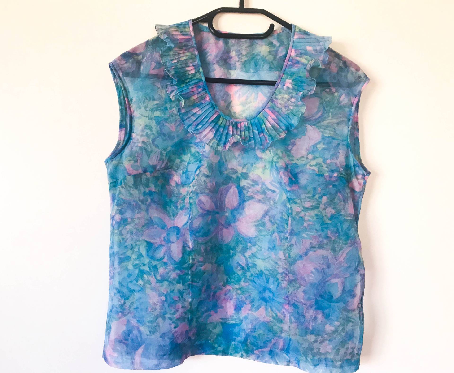 Blau Rosa Vintage 80Er Jahre Bluse Hawaii Blumen Ärmelloses Sommer Flauschigen Shirt Top Kleine Größe von AgritasVintage