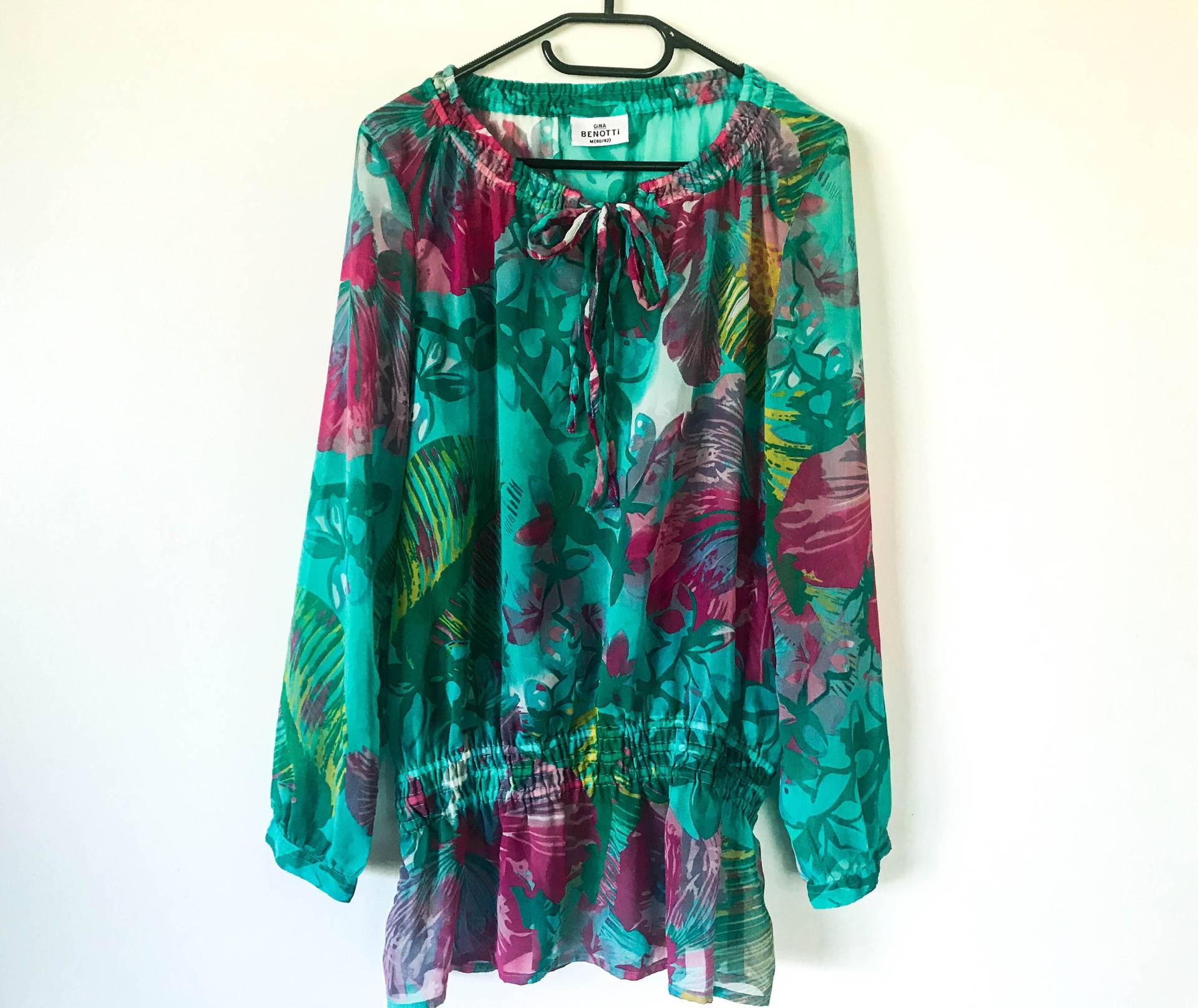 Grün Rosa Perple Vintage 80Er Jahre Bluse Hawaii Blumen Lange Ärmel Sommer Flauschigen Shirt Top Medium Größe von AgritasVintage