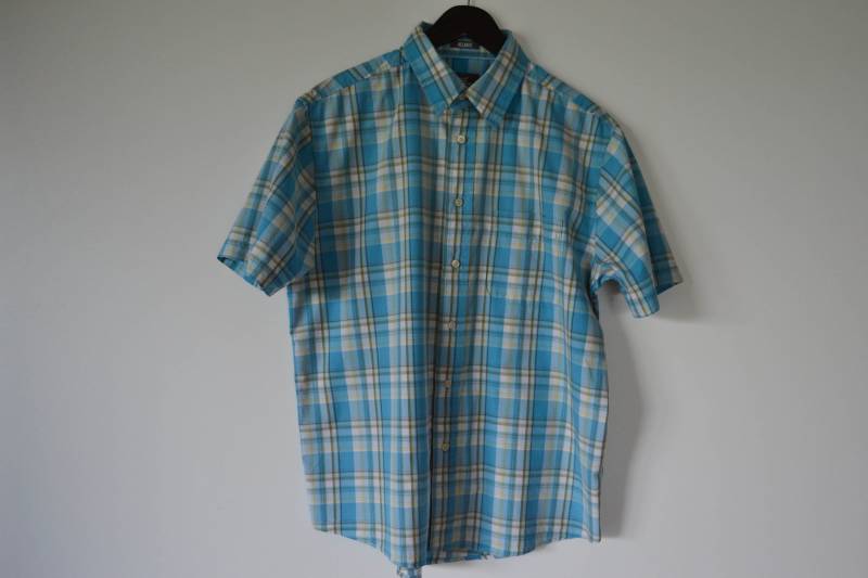 Herren-Sommer-Shirt Blass Blauen Shirt Männer-Taste Bis Short Sleeve Kariert Sommer Baumwolle Arbeit Groß von AgritasVintage
