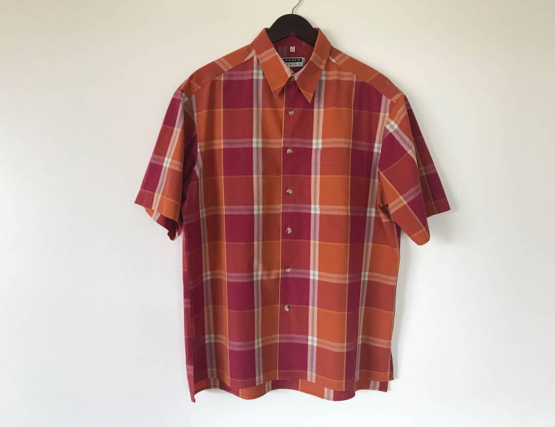 Herren Sommer-Shirt Rot Orange Shirt Männer-Taste Bis Short Sleeve Kariert Sommer Baumwolle Arbeit Groß von AgritasVintage