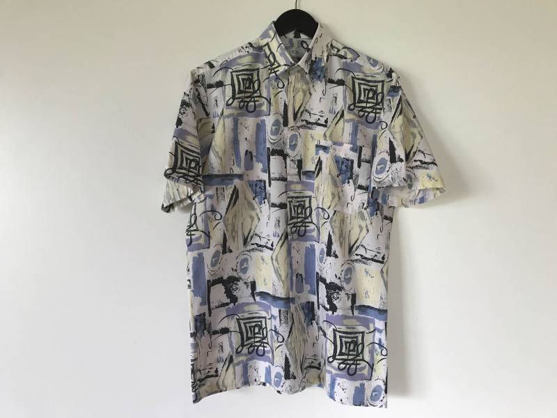 Herren Weiß Blau Rib Shirt Baumwolle Hemd Sommer Männer-Taste Bis Kurze Ärmel Kariertes Kleid Arbeit Klein von AgritasVintage