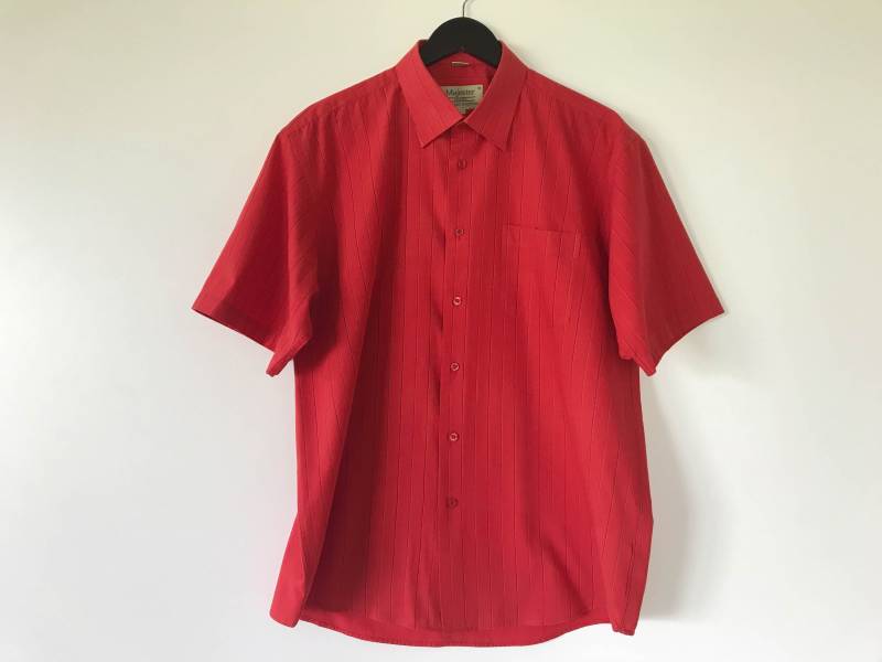 Majester Jeans Männer Rot Baumwolle Hemd Herren Gestreiften Shirt Männer-Taste Bis Kurze Ärmel Kariertes Kleid Arbeit Groß von AgritasVintage