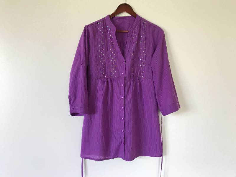 Vintage 80Er Jahre Bluse Frauen Boho Lila Partei Bohemian Halb Ärmel Tunika Baumwolle Sommer Tage Hippie Boxy Shirt Kleine Größe von AgritasVintage