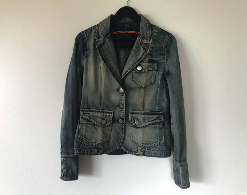 Vintage Blaue Jeans Jacke Frauen Denimjacke Ausgestattet Denim Abgeschnitten Jean Sommer Blazer Blau Mantel Kleine Größe Jeansjacke von AgritasVintage