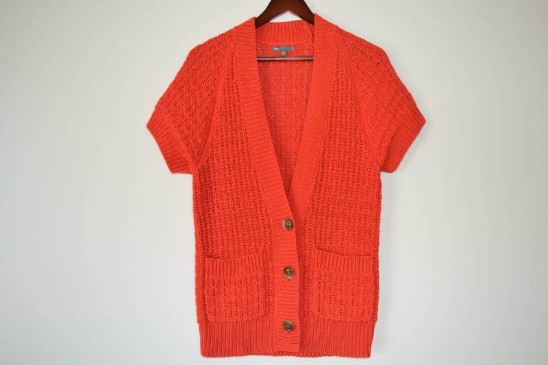Vintage Stricken Cardigan Orange Pullover Gestrickte Kurzarm Frauen Jack Boho Strickjacke Ornage Weste Kleine Größe von AgritasVintage