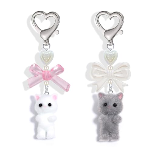 Agromusk Niedlicher Katzen-Schlüsselanhänger, flauschiges Kätzchen-Dekor, Geschenk, Katzenliebhaber, Y2K, Herzschleife, Ornament, Anhänger, Mädchen, Kawaii-Taschenanhänger, One Size, Kunstfell Metall von Agromusk
