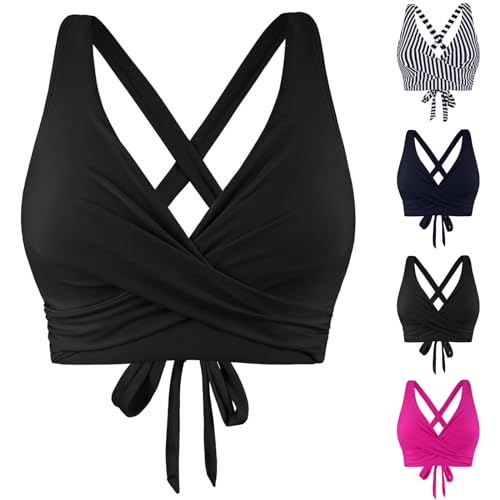 Ahagogo Bikini Oberteil Große Brüste Rückenfreies Oberteil Bikini Damen Push Up Wickeloptik Lace Up Bikini Top V Ausschnitt Badeanzug Top Sommer Strand Bikini Top Swimsuit Oberteil (Black, S) von Ahagogo