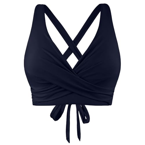 Ahagogo Bikini Oberteil Große Brüste Rückenfreies Oberteil Bikini Damen Push Up Wickeloptik Lace Up Bikini Top V Ausschnitt Badeanzug Top Sommer Strand Bikini Top Swimsuit Oberteil (Navy, XL) von Ahagogo