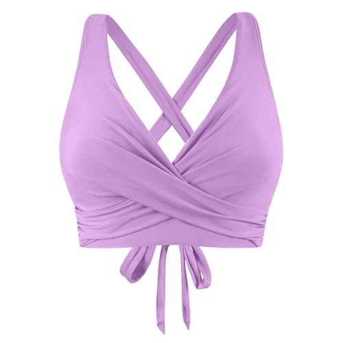 Ahagogo Bikini Oberteil Große Brüste Rückenfreies Oberteil Bikini Damen Push Up Wickeloptik Lace Up Bikini Top V Ausschnitt Badeanzug Top Sommer Strand Bikini Top Swimsuit Oberteil (Purple, L) von Ahagogo