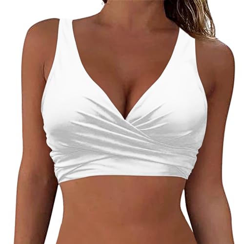 Ahagogo Bikini Oberteil Große Brüste Rückenfreies Oberteil Bikini Damen Push Up Wickeloptik Lace Up Bikini Top V Ausschnitt Badeanzug Top Sommer Strand Bikini Top Swimsuit Oberteil (White#2, XXL) von Ahagogo