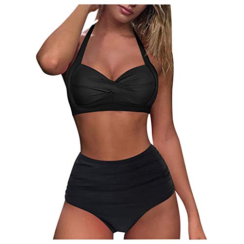 Ahagogo Damen Bikini Set Rüschen Bikinioberteil High Waist Bikini Mit bedruckter Badehose Zweiteiliger Bauchweg Bademode Retro Zweiteiliger Badeanzug Strandkleidung (#Y-A-Black, XXL) von Ahagogo