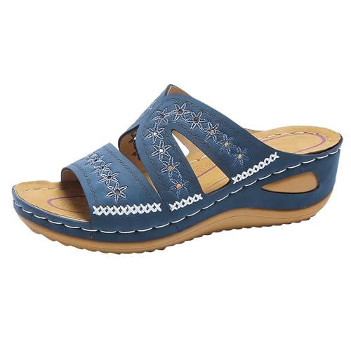 Ahagogo Damen Pantoffeln PU Sandalen Sommer Schuhe Plateau Pantoletten Keilabsatz Strandschuhe Schlappen Extra Bequeme Sandalen Leichte Orthopedische Hausschuhe… (#A-Blue, 40) von Ahagogo