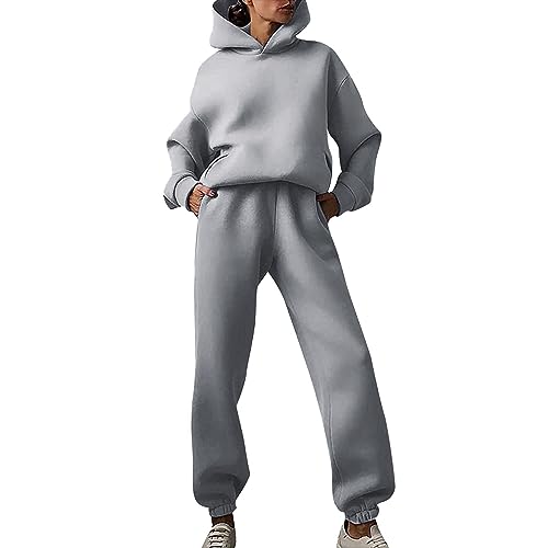 Ahagogo Damen Tracksuit Langarm Rundhalsausschnitt Einfarbig Zweiteiler Outfit Hoodie Jogger Trainingsanzug Set Set 2-Teilig Hoodie Kapuzenpullover Sporthose Set Sweatshirt & Jogginghose (Grey, M) von Ahagogo