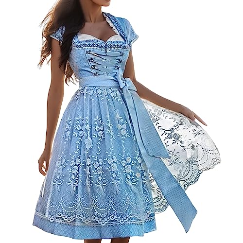 Ahagogo Dirndl Damen Midi Trachtenkleid Dirndlkleid 3tlg Trachtenkleid Set inkl Oktoberfest Trachtenkleid Spitzen Dirndlschürze Trachtenmode für Bierfest,Oktoberfest,Karneval,Cosplay (Blue-C, XXXL) von Ahagogo