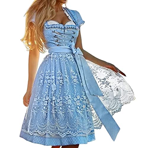 Ahagogo Dirndl Damen Midi Trachtenkleid Dirndlkleid 3tlg Trachtenkleid Set inkl Oktoberfest Trachtenkleid Spitzen Dirndlschürze Trachtenmode für Bierfest,Oktoberfest,Karneval,Cosplay (Blue-D, M) von Ahagogo