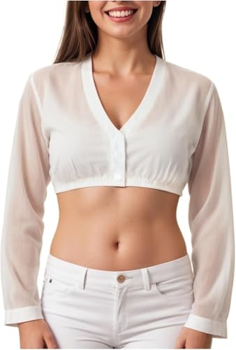 Ahagogo Dirndl Bluse Damen Weiß Dirndl Bluse Dirndlbluse Langarm V-Ausschnitt Knopfleiste Trachtenbluse für Oktoberfest Karneval (DE/NL/SE/PL, Alphanumerisch, L, Regular, Regular, Weiß) von Ahagogo
