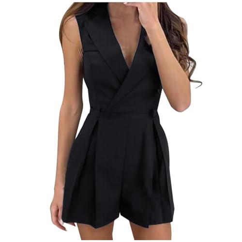 Ahagogo Jumpsuit Overall Damen Frauen Elegant Kurz Weites Bein Overall Jumpsuits Sommer Kurz Hosenanzug Romper Einteiler Ärmellos Playsuit Romper Elegant V Ausschnitt Strand Jumpsuit (Black, XXL) von Ahagogo