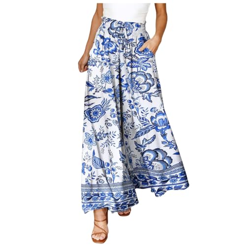 Hose Damen Sommer Leinen Damen Hose Leinenhose Lockere Hosen Damen Damenhose Mit Gummizug Sommerhose Damen Locker Hohe Taille Caprihose Damen Hosen Sommer Linen Bequeme Hose Wattierte Hose (Blue, L) von Ahagogo